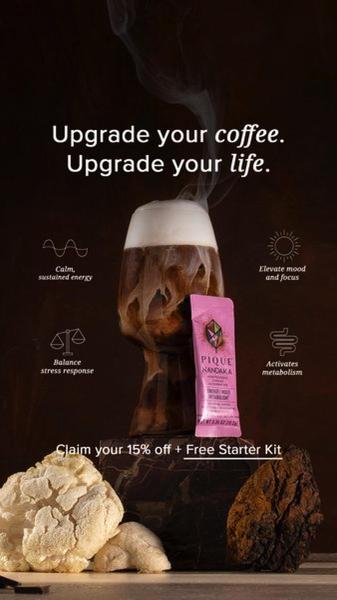 coffee supplement, functional coffee, coffee enhancer, wellness coffee, adaptogenic coffee, coffee blend, health coffee, sale promotion, product launch, lifestyle, luxurious, warm, brown, pink